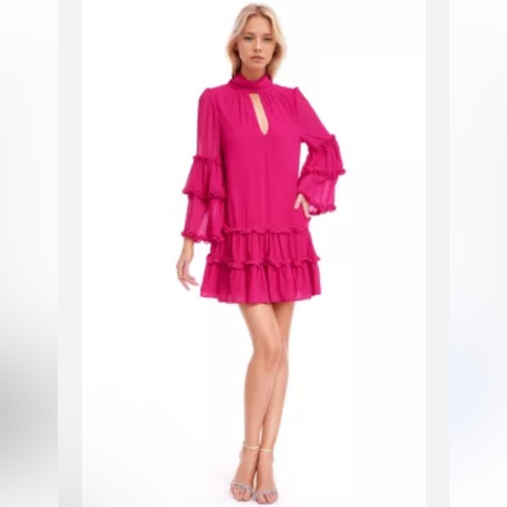 NWT Jewel Badgley Mischka Charming Chiffon Tiered Ruffle Mini Dress